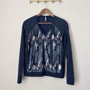 Indies Blue V Neck Sequin Pullover Knit Top 36 XS
